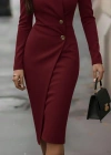 Kadın Uzun Kollu Yandan Düğmeli Kruvaze Yaka Detaylı Midi Ithal Krep Elbise