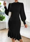 Kadın Uzun Kollu Yarı Balıkçı Yaka Etek Ucu Fırfır Detaylı Midi Ithal Krep Elbise
