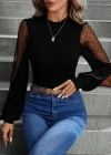 Kadın Uzun Kollu Yarı Balıkçı Yaka Kolları Tül Detaylı Ithal Krep Bluz