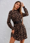 Kadın Uzun Kollu Yarı Balıkçı Yaka Leopar Desenli Kadife Elbise