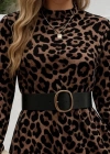 Kadın Uzun Kollu Yarı Balıkçı Yaka Leopar Desenli Kadife Elbise