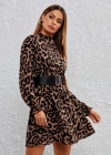Kadın Uzun Kollu Yarı Balıkçı Yaka Leopar Desenli Kadife Elbise