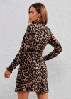 Kadın Uzun Kollu Yarı Balıkçı Yaka Leopar Desenli Kadife Elbise