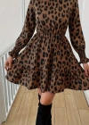 Kadın Uzun Kollu Yarı Balıkçı Yaka Leopar Desenli Modal Mini Elbise