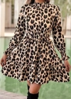 Kadın Uzun Kollu Yarı Balıkçı Yaka Leopar Desenli Modal Mini Elbise