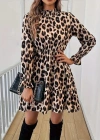 Kadın Uzun Kollu Yarı Balıkçı Yaka Leopar Desenli Modal Mini Elbise