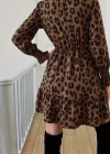 Kadın Uzun Kollu Yarı Balıkçı Yaka Leopar Desenli Modal Mini Elbise