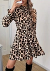 Kadın Uzun Kollu Yarı Balıkçı Yaka Leopar Desenli Modal Mini Elbise