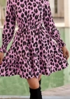 Kadın Uzun Kollu Yarı Balıkçı Yaka Leopar Desenli Modal Mini Elbise
