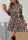 Kadın Uzun Kollu Yarı Balıkçı Yaka Leopar Desenli Modal Mini Elbise