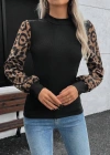 Kadın Uzun Kollu Yarı Balıkçı Yaka Leopar Detaylı Kaşkorse Bluz