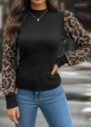 Kadın Uzun Kollu Yarı Balıkçı Yaka Leopar Detaylı Kaşkorse Bluz