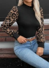 Kadın Uzun Kollu Yarı Balıkçı Yaka Leopar Detaylı Kaşkorse Bluz