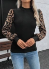 Kadın Uzun Kollu Yarı Balıkçı Yaka Leopar Detaylı Kaşkorse Bluz