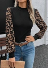 Kadın Uzun Kollu Yarı Balıkçı Yaka Leopar Detaylı Kaşkorse Bluz