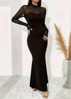 Kadın Uzun Kollu Yarı Balıkçı Yaka Straplezli Krep Uzun Elbise