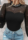 Kadın Uzun Kollu Yarı Balıkçı Yaka Taşlı Sandy Bluz