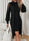Kadın Uzun Kollu Yarı Balıkçı Yaka Tül Ve Inci Detaylı Kısa Ithal Krep Midi Elbise
