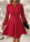 Kadın Uzun Kollu Yuvarlak Damla Detaylı Kolları Tül Detaylı Kısa Ithal Krep Elbise