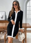Kadın Uzun Kollu Yuvarlak V Yakalı şerit Detaylı Modal Mini Elbise