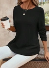 Kadın Uzun Kollu Yuvarlak Yaka Arkadan Düğmeli Waffle Bluz