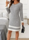 Kadın Uzun Kollu Yuvarlak Yaka Etek Ucu şerit Detaylı Mini Dokuma Elbise