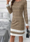 Kadın Uzun Kollu Yuvarlak Yaka Etek Ucu şerit Detaylı Mini Dokuma Elbise