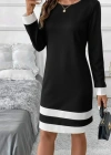 Kadın Uzun Kollu Yuvarlak Yaka Etek Ucu şerit Detaylı Mini Siyah Beyaz Dalgıç Elbise