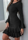 Kadın Uzun Kollu Yuvarlak Yaka Fırfırlı Kol Ucu Volanlı Janjan Krep Mini Elbise