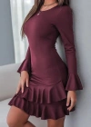 Kadın Uzun Kollu Yuvarlak Yaka Fırfırlı Kol Ucu Volanlı Janjan Krep Mini Elbise
