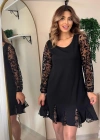 Kadın Uzun Kollu Yuvarlak Yaka Kol Ve Etek Ucu Dantelli Kısa Ithal Krep Elbise