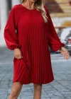 Kadın Uzun Kollu Yuvarlak Yaka Pileli Salaş Mini Ithal Krep Elbise
