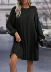 Kadın Uzun Kollu Yuvarlak Yaka Pileli Salaş Mini Ithal Krep Elbise