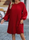 Kadın Uzun Kollu Yuvarlak Yaka Pileli Salaş Mini Ithal Krep Elbise