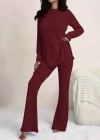 Kadın Uzun Kollu Yuvarlak Yaka Yandan Yırtmaç Detaylı şardonlu Kaşkorse Bluz Ve Pantolon Ikili Takım