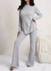 Kadın Uzun Kollu Yuvarlak Yaka Yandan Yırtmaç Detaylı şardonlu Kaşkorse Bluz Ve Pantolon Ikili Takım