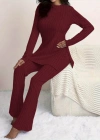 Kadın Uzun Kollu Yuvarlak Yaka Yandan Yırtmaç Detaylı şardonlu Kaşkorse Bluz Ve Pantolon Ikili Takım
