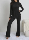 Kadın Uzun Kollu Yuvarlak Yaka Yandan Yırtmaç Detaylı şardonlu Kaşkorse Bluz Ve Pantolon Ikili Takım