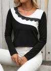 Kadın Uzun Kollu Yuvarlak Yakalı çift Renkli Dantel Detaylı Viskon Bluz