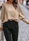 Kadın Uzun Kollu Yuvarlak Yakalı Düğmeli Ithal Krep Bluz