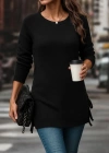 Kadın Uzun Kollu Yuvarlak Yakalı Yanlardan Bağcıklı Triko Bluz