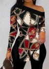 Kadın Uzun Kollu Zincir Desen Tek Omuz Düşük Mikro Bluz