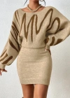 Kadın Uzun Yarasa Kollu Kayık Yaka Kısa Triko Elbise
