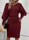 Kadın Uzun Yarasa Kollu Yakası Açık Belden Oturtmalı Kısa Triko Elbise