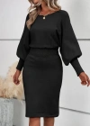 Kadın Uzun Yarasa Kollu Yakası Açık Belden Oturtmalı Kısa Triko Elbise