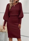 Kadın Uzun Yarasa Kollu Yakası Açık Belden Oturtmalı Kısa Triko Elbise