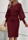 Kadın Uzun Yarasa Kollu Yakası Açık Belden Oturtmalı Kısa Triko Elbise