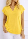 Kadın V Yaka Kısa Kol Dokuma Viskon Kumaş Bluz