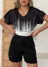 Kadın V Yaka Kısa Kol Kenarları Minik Yırtmaç Detaylı Dalgıç Bluz + Düğme Detaylı Dalgıç şort