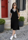 Kadın V Yaka Ribana Detay Midiboy Elbise